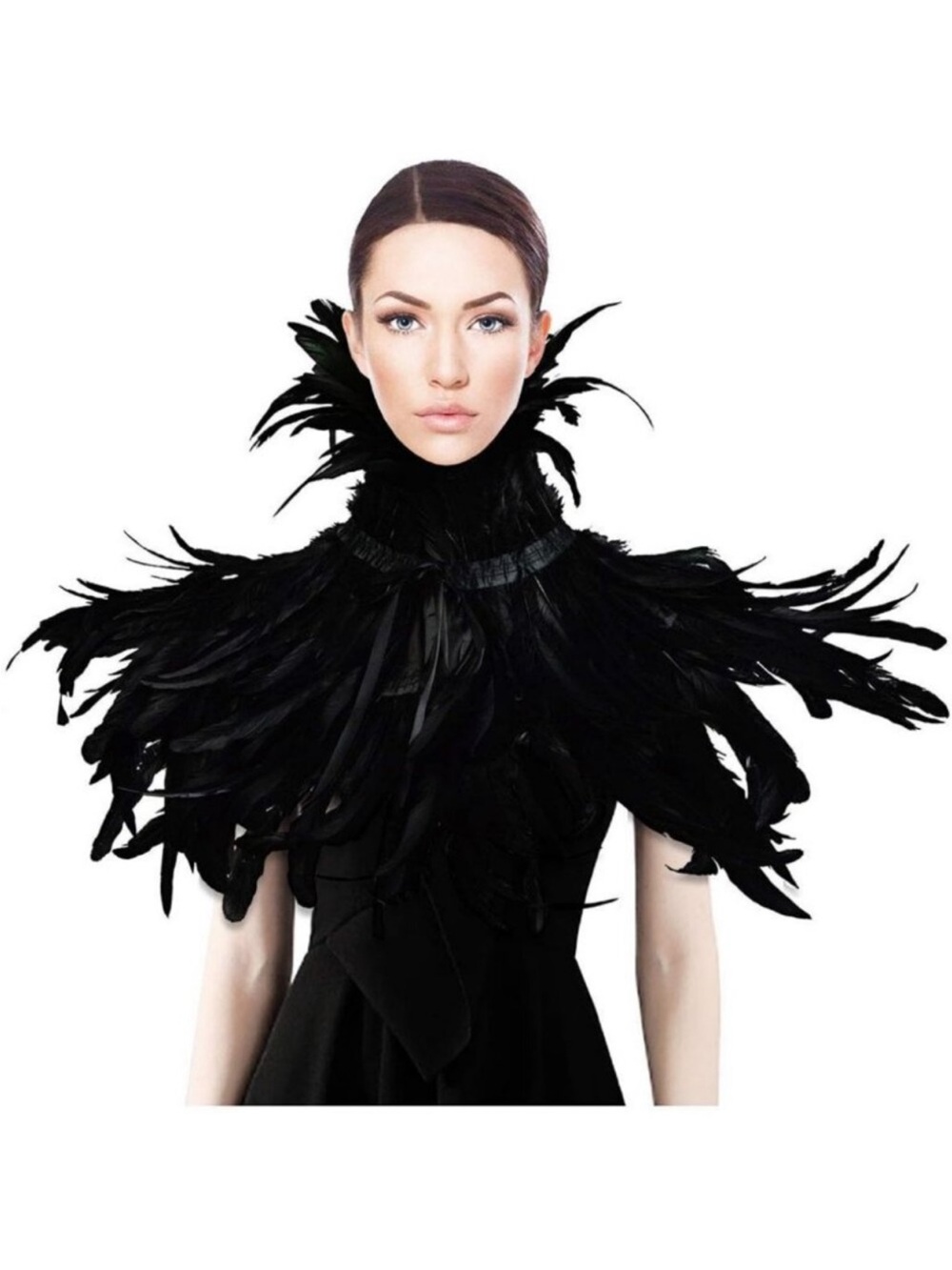 Black Feather Collar Shawl Cape with Crow Wings - Halloween Costume Accessory